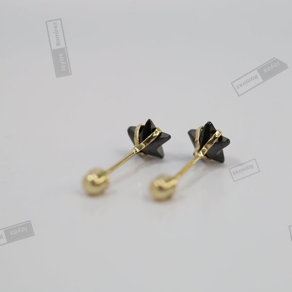 14K Solid Gold Star Stud Earrings • Black Cubic Zirconia Design • Modern Jewelry - Picture 6 of 8